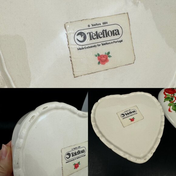 Vtg Teleflora Ceramic Heart Shaped Trinket Box w Lid Red Roses Flower Red Ribbon - Picture 8 of 13